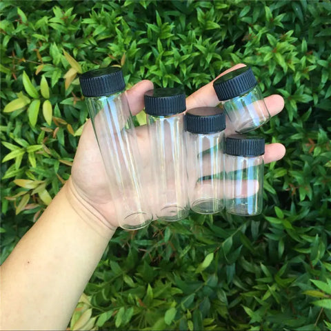 Refillable Travel Vials Set: 15ml, 25ml, 40ml, 50ml, 60ml Hyaline Glass Jars with Black Plastic Lids - 50Pcs