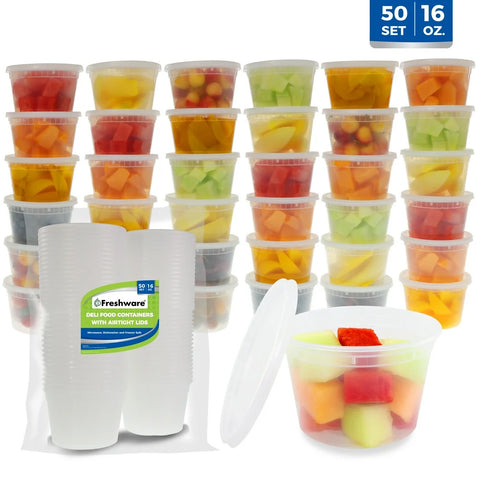 Plastic Deli Containers with Lids, 16 Oz, 50-Set - BPA Free, Stackable, Leakproof, Microwave/Dishwasher/Freezer Safe