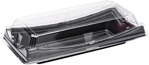 Sushi To-Go Containers - 100 Disposable Trays with Lids, 9.75" x 4.75" - Ideal for Appetizers, Entrees, or Desserts, Black Plastic