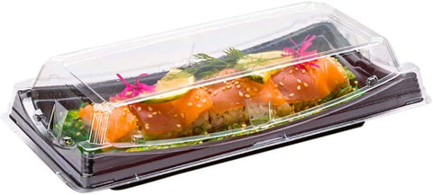 Sushi To-Go Containers - 100 Disposable Trays with Lids, 9.75" x 4.75" - Ideal for Appetizers, Entrees, or Desserts, Black Plastic